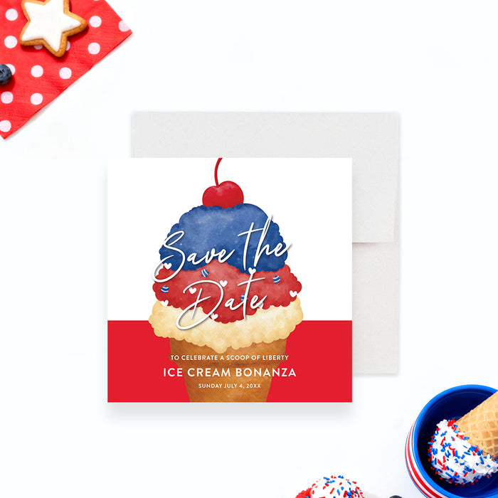 patriotic ice cream save the date card with a red, white, and blue ice cream cone design for a 4th of July party or summer celebration-front
