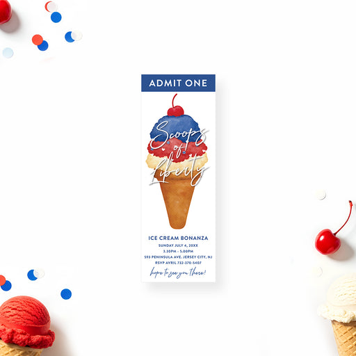 patriotic ice cream ticket invitation with a red, white, and blue ice cream cone illustration, cherry topper, and custom party details for a 4th of July celebration