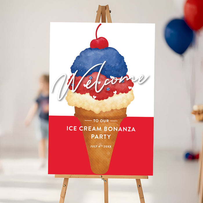 patriotic 4th of july party welcome sign with a red, white, and blue ice cream cone, cherry topper, and festive summer celebration design