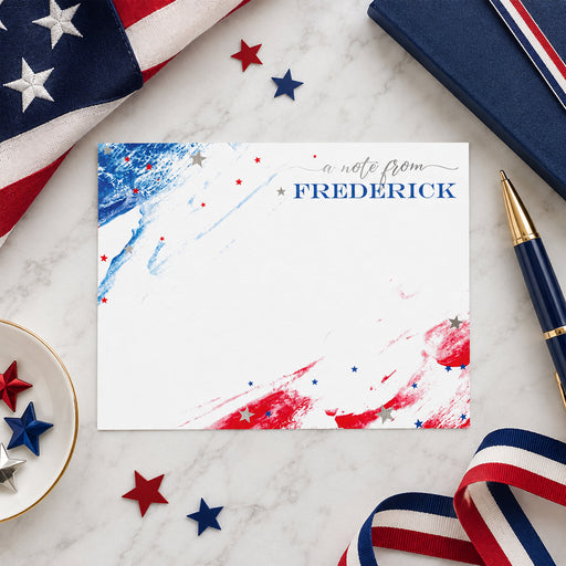 Personalized patriotic note card with red white and blue brushstrokes, stars, and custom name-front