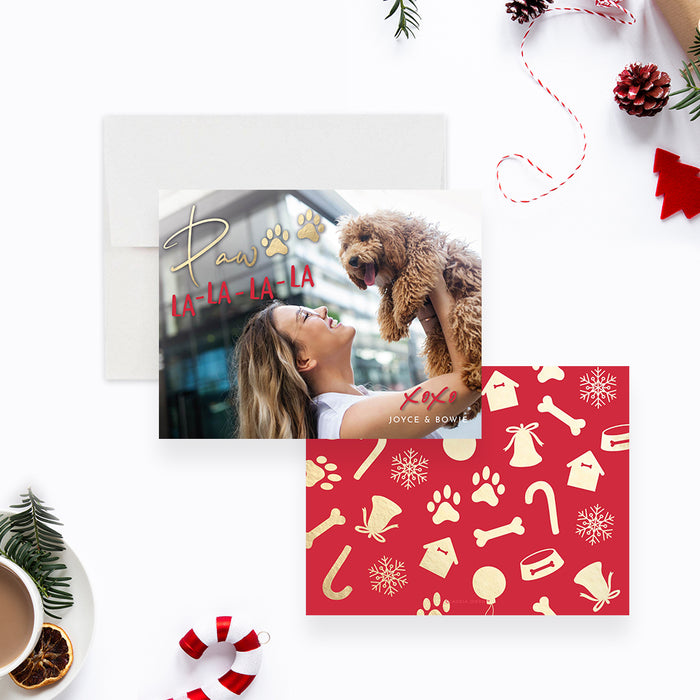 Paw La La La La Holiday Greeting Card in Red and Gold, Pet Christmas Thank You Card with Photo, Personalized Gift for Animal Lover