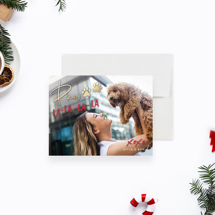 Paw La La La La Holiday Greeting Card in Red and Gold, Pet Christmas Thank You Card with Photo, Personalized Gift for Animal Lover