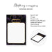 Product details of notepad with elegant gold perfume bottle design on dark purple marble background and writing space