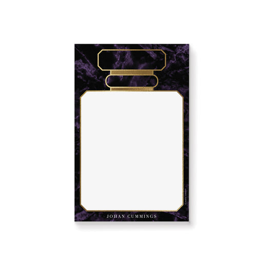 Perfume bottle shaped notepad with purple marble background and gold foil details, perfect for stylish stationery and everyday desk notes