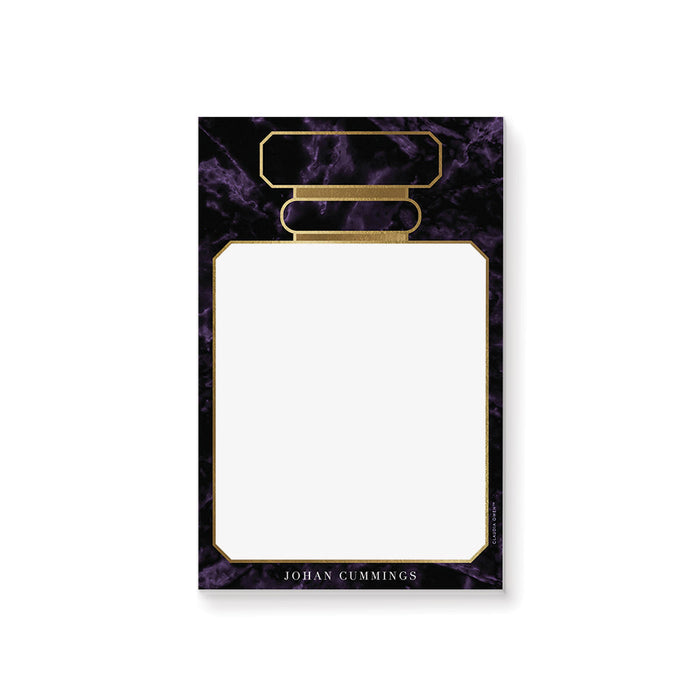 Perfume bottle shaped notepad with purple marble background and gold foil details, perfect for stylish stationery and everyday desk notes