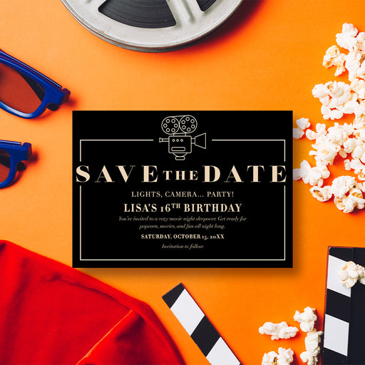 Personalized black movie night save the date card for a 16th birthday sleepover with custom event details and vintage movie camera design-front