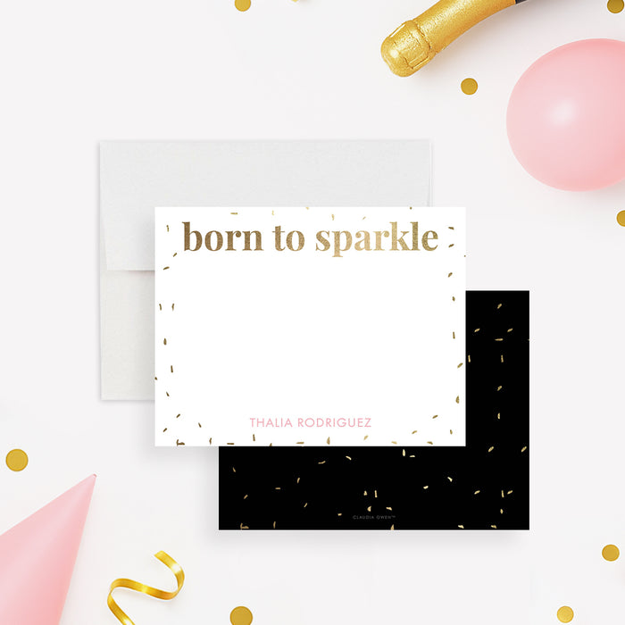 Personalized Born to Sparkle note card with gold-colored lettering, confetti border, custom name in pink, and space for handwritten messages-front-back