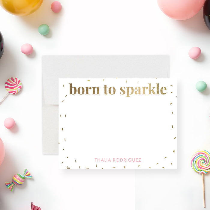 Personalized Born to Sparkle note card with gold-colored lettering, confetti border, custom name in pink, and space for handwritten messages-front