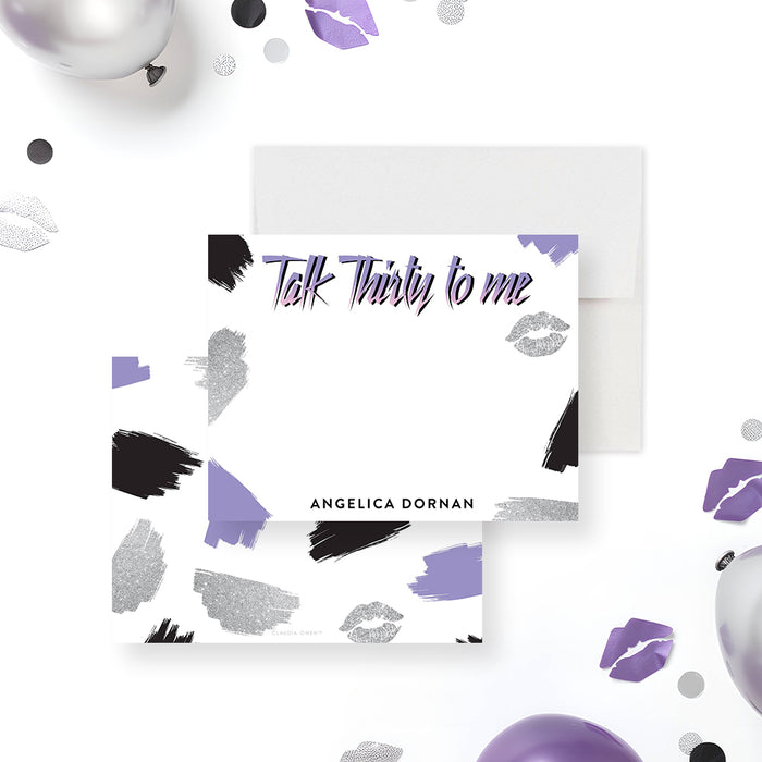 Personalized 30th birthday note card with Talk Thirty to Me heading, custom name, purple, black and gray brushstrokes and a lip-print accent-front-back