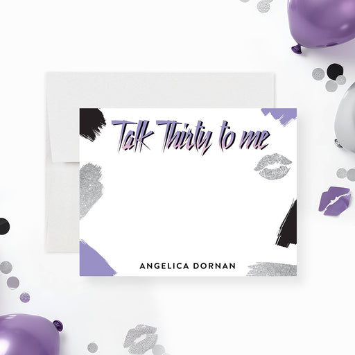 Personalized 30th birthday note card with Talk Thirty to Me heading, custom name, purple, black and gray brushstrokes and a lip-print accent-front