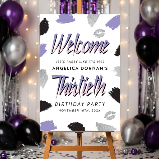 Personalized 30th birthday party welcome sign with custom name, date, purple, black and gray brushstrokes and lip-print accents
