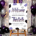 Personalized 30th birthday party welcome sign with custom name, date, purple, black and gray brushstrokes and lip-print accents
