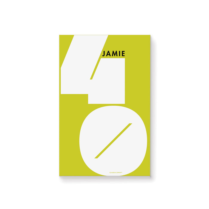 personalized 40th birthday notepad with bright yellow background and large white number design