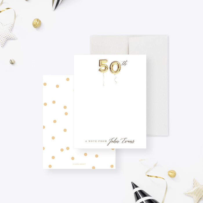 Personalized 50th birthday note card with gold balloon numbers, honoree name, elegant script, and white background.