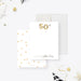 Personalized 50th birthday note card with gold balloon numbers, honoree name, elegant script, and white background.