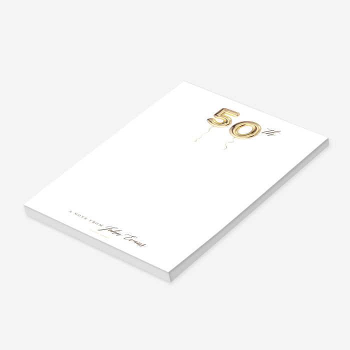 Personalized 50th birthday notepad with gold balloon numbers and custom name