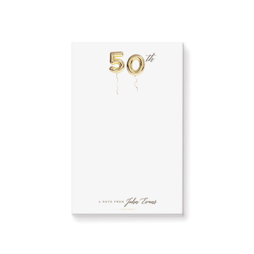 Personalized 50th birthday notepad with gold balloon numbers and custom name