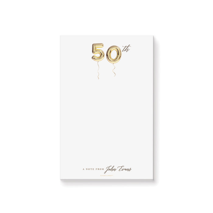 Personalized 50th birthday notepad with gold balloon numbers and custom name