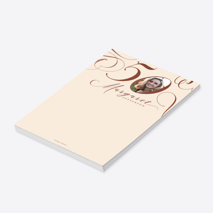 personalized 50th birthday photo notepad with custom picture, soft neutral background, and elegant line art design-side