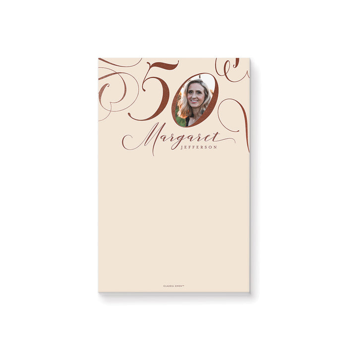 personalized 50th birthday photo notepad with custom picture, soft neutral background, and elegant line art design