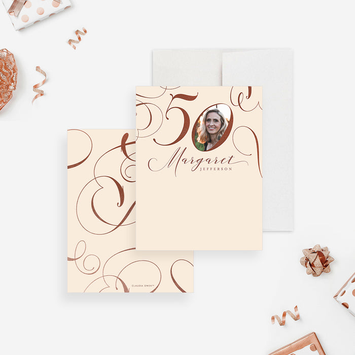personalized 50th birthday thank you card with custom photo, soft neutral background, and elegant script lettering-front-back