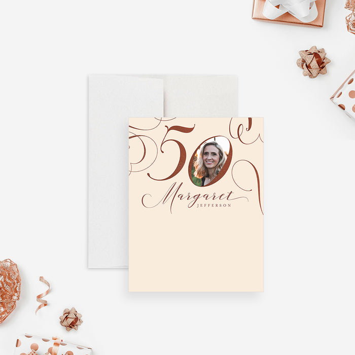 personalized 50th birthday thank you card with custom photo, soft neutral background, and elegant script lettering-front