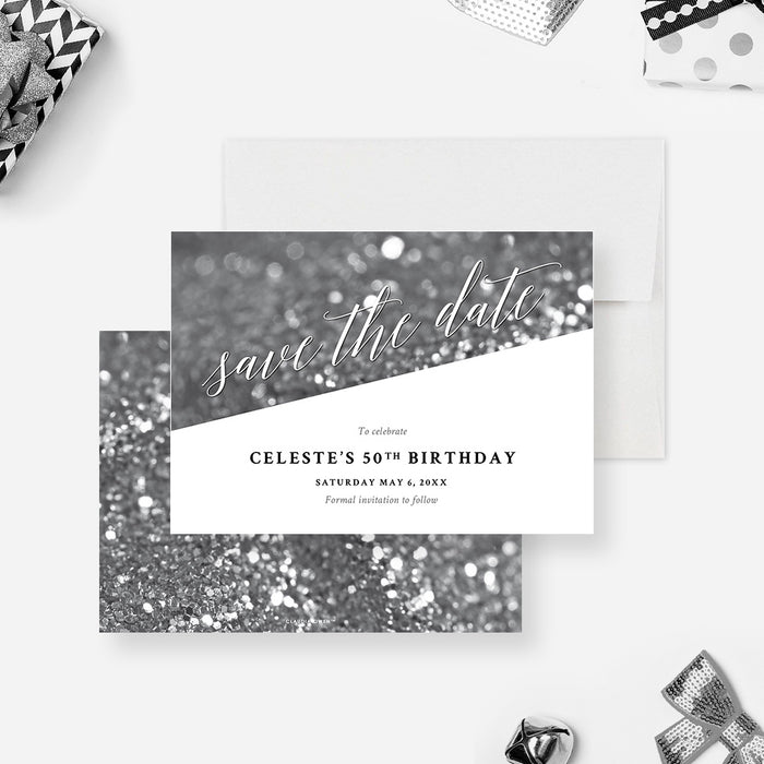 Personalized 50th birthday save the date card with black and white bokeh design, name, celebration date, and personalized wording-front-back