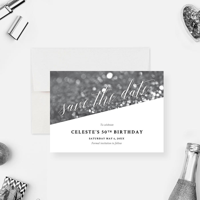 Personalized 50th birthday save the date card with black and white bokeh design, name, celebration date, and personalized wording-front
