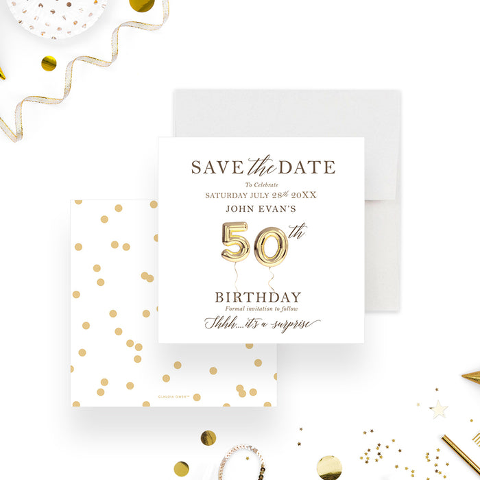Personalized 50th birthday save the date card with gold balloon numbers, honoree’s name, and celebration date.