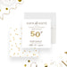 Personalized 50th birthday save the date card with gold balloon numbers, honoree’s name, and celebration date.