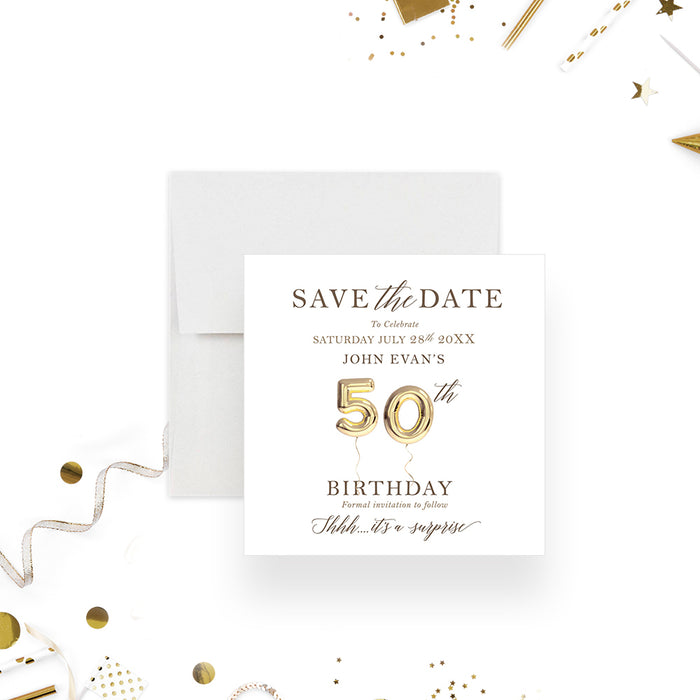Personalized 50th birthday save the date card with gold balloon numbers, honoree’s name, and celebration date.