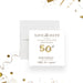 Personalized 50th birthday save the date card with gold balloon numbers, honoree’s name, and celebration date.