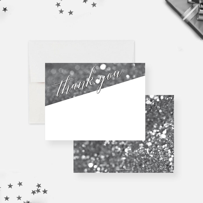 Personalized 50th birthday thank you card with black and white bokeh background, white script lettering, and space for a personal message-front-back
