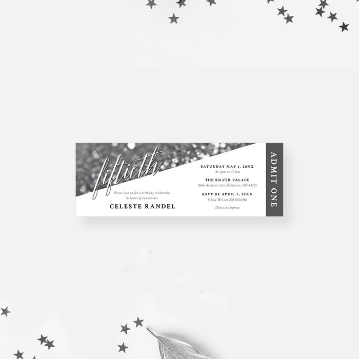 Personalized 50th birthday ticket invitation with black and white bokeh, fiftieth script lettering, party details, and Admit One panel