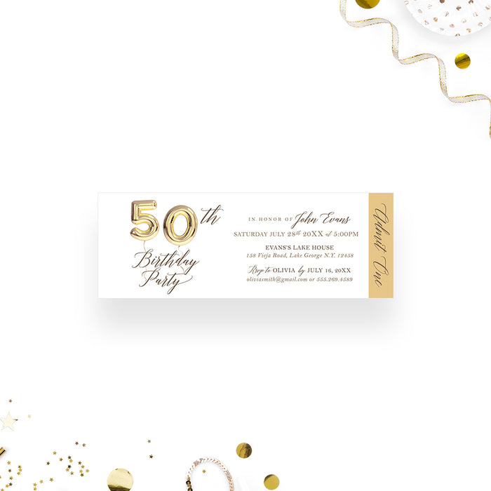 Personalized 50th birthday ticket invitation with gold balloon numbers, honoree name, party details, and Admit One design.