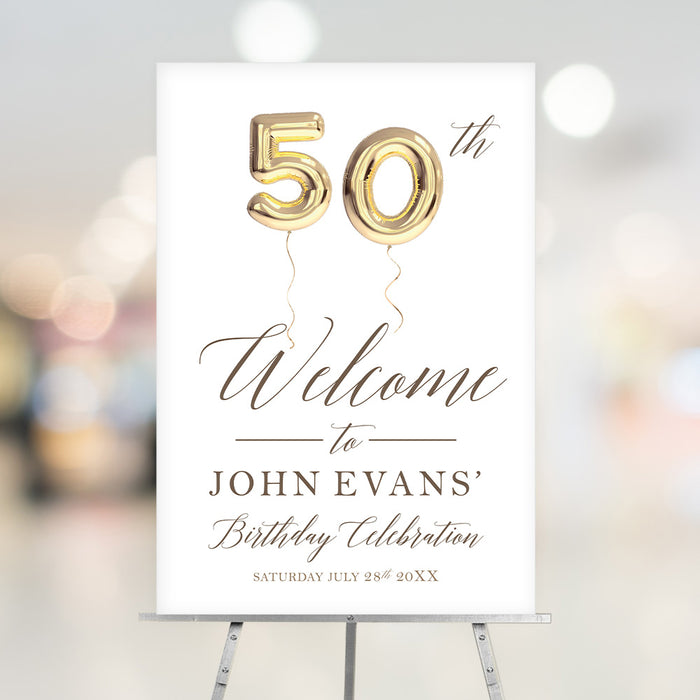 Personalized 50th birthday welcome sign with gold balloon numbers and custom birthday details.