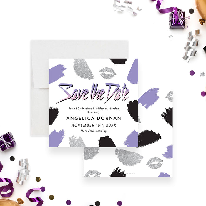 Personalized 90s birthday save the date card with purple, black and gray brushstrokes, lip-print accent, honoree’s name and event date-front-back