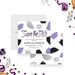 Personalized 90s birthday save the date card with purple, black and gray brushstrokes, lip-print accent, honoree’s name and event date-front-back