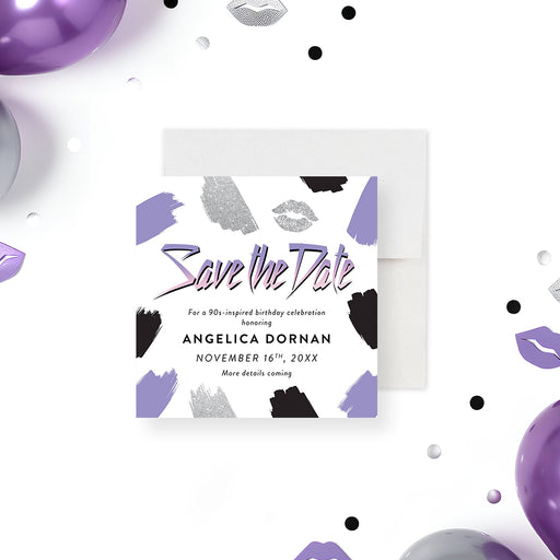 Personalized 90s birthday save the date card with purple, black and gray brushstrokes, lip-print accent, honoree’s name and event date-front