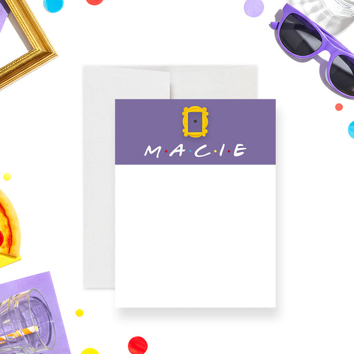 personalized 90s sitcom thank you card with purple header, yellow frame detail, dotted name lettering, and blank writing space-front
