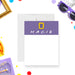 personalized 90s sitcom thank you card with purple header, yellow frame detail, dotted name lettering, and blank writing space-front