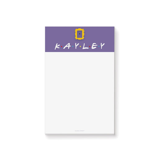 personalized 90s sitcom notepad with purple header, yellow frame detail, dotted name lettering, and blank writing space