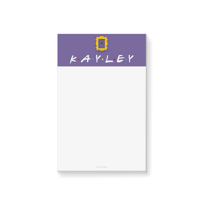 personalized 90s sitcom notepad with purple header, yellow frame detail, dotted name lettering, and blank writing space