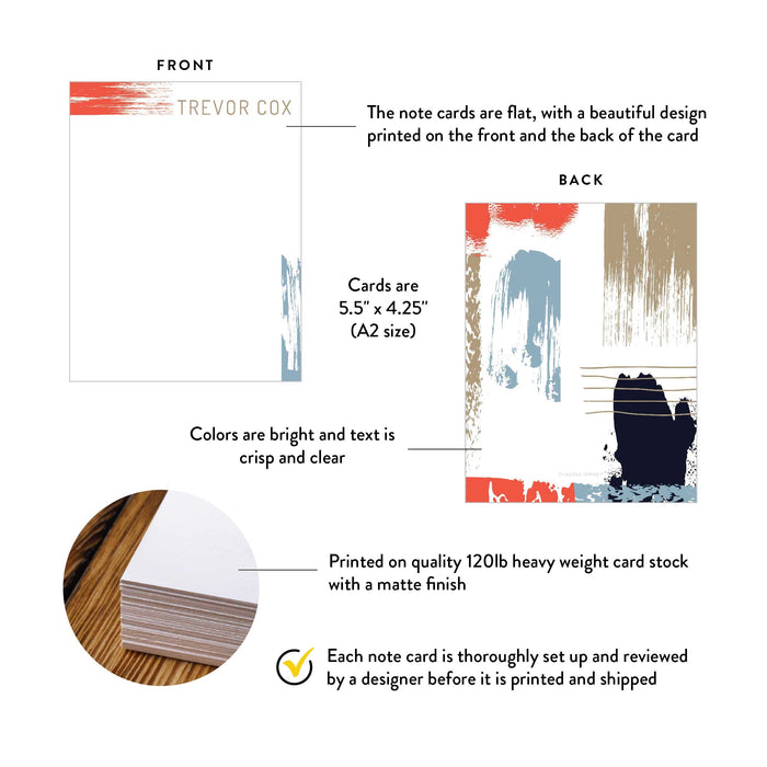 Front and back of personalized abstract brushstroke note cards showing A2 dimensions and matte cardstock details.