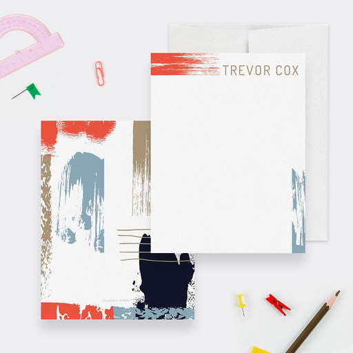 Personalized note cards with blue, orange and brown brushstroke details on the white writing front and an abstract brushstroke reverse.
