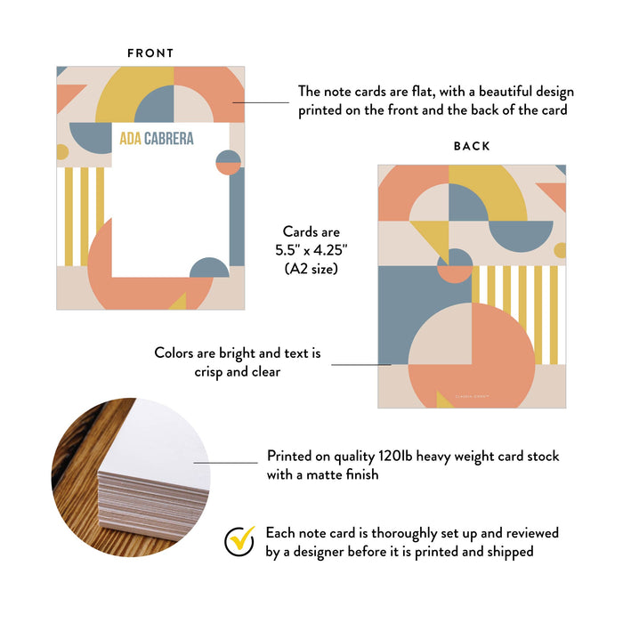 Front and back of personalized abstract geometric border note cards with A2 size and matte cardstock details.