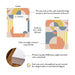 Front and back of personalized abstract geometric border note cards with A2 size and matte cardstock details.
