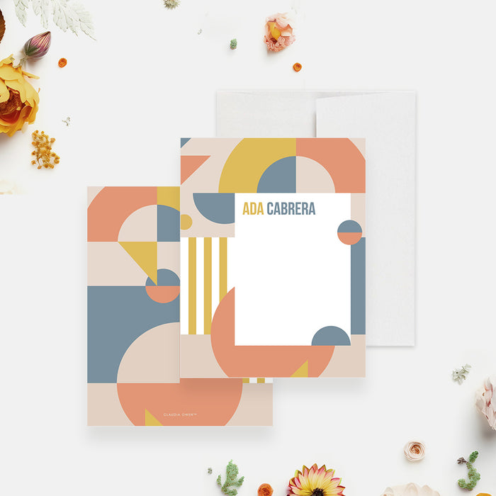 Personalized note card with orange, yellow and muted blue geometric shapes framing a white writing area.