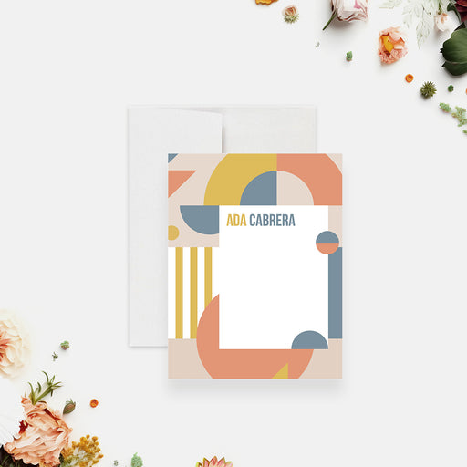 Personalized note card with orange, yellow and muted blue geometric shapes framing a white writing area.