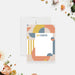 Personalized note card with orange, yellow and muted blue geometric shapes framing a white writing area.
